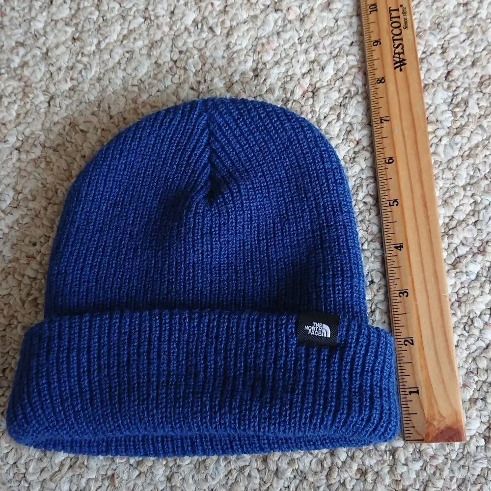 The North Face Blue Knit Logo Cuffed Beanie for youth